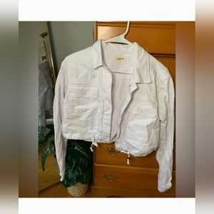 mono b Storm Drawstring Crop Denim Jacket White Women's Large Boutique Jean Coat